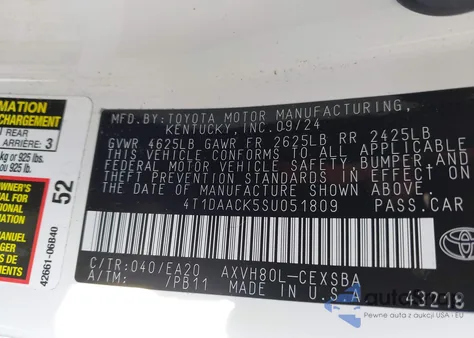 2025 Toyota Camry Se from USA, damaged, VIN 4T1DAACK5SU051809